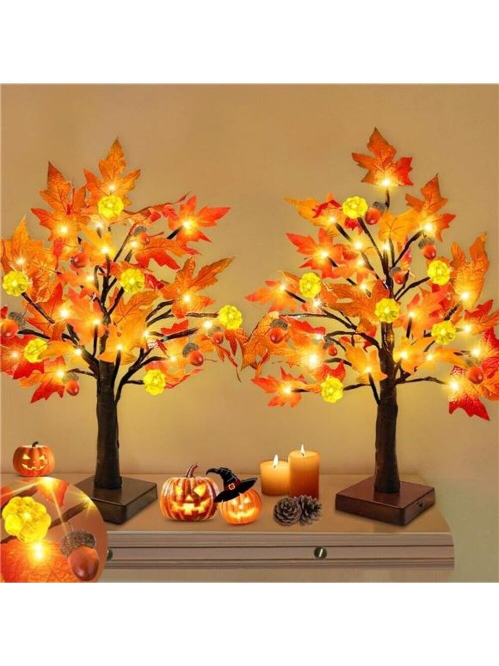 Fall Maple Tree Lights 2 Pack Prelit Tabletop LED Pumpkin Acorn Thanksgiving Dec
